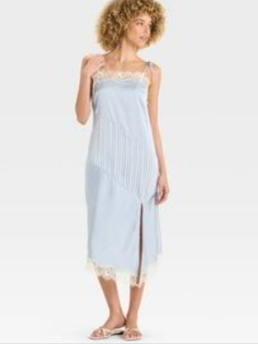 Future Collective Silky Satin  Light Blue  Pin Stripe Lace-Trim Midi Slip Dress - Picture 7 of 7